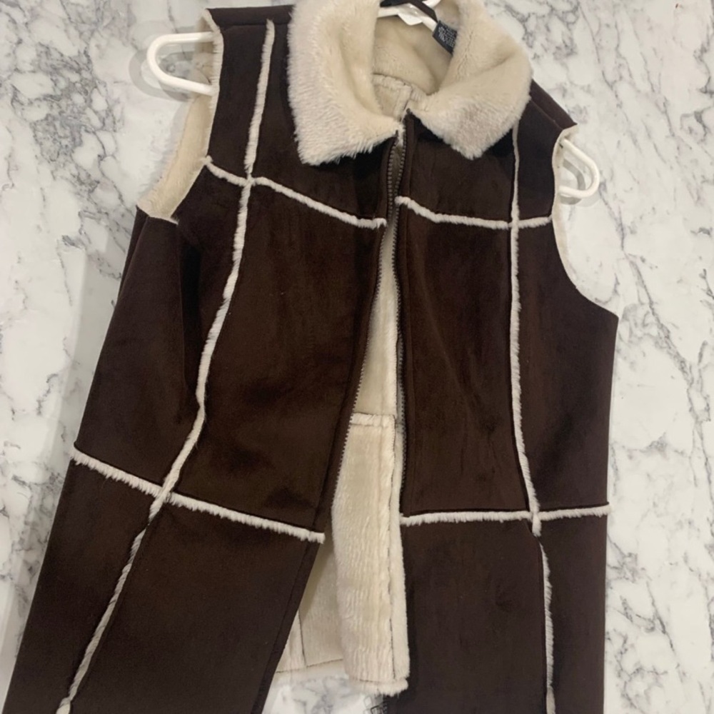 Brown Shearling Vest with Cream Accents